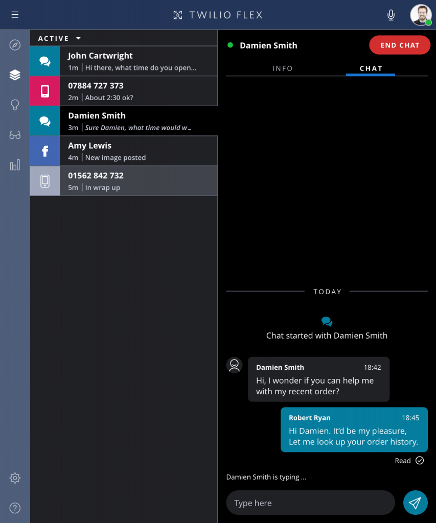 Screen shot of Twilio flex CRM with incoming clients messages from multiple channels but one chat screen for staff